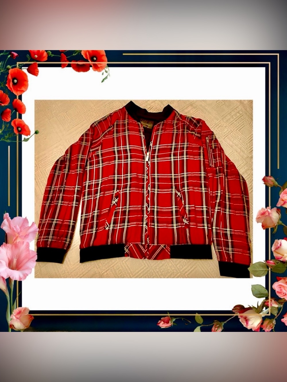 Jacket - Sanctuary - bomber - medium - zipper red white black plaid. Excellent!